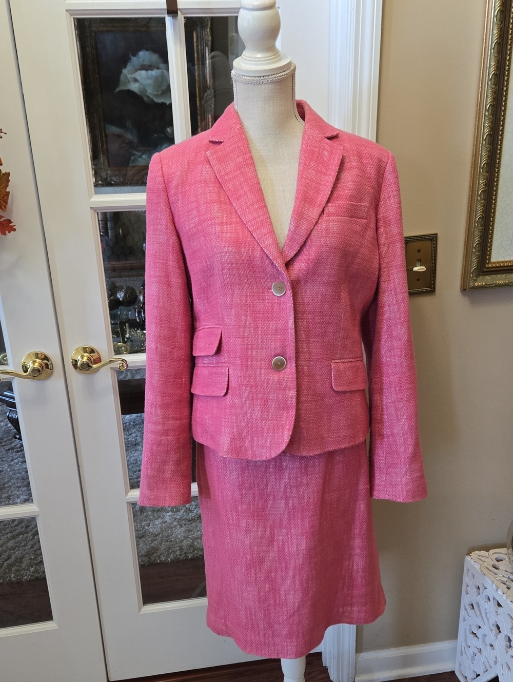 Talbots Pink Tweed Blazer Skirt Set Fully Lined Linen Cotton Blend Size 10 EUC